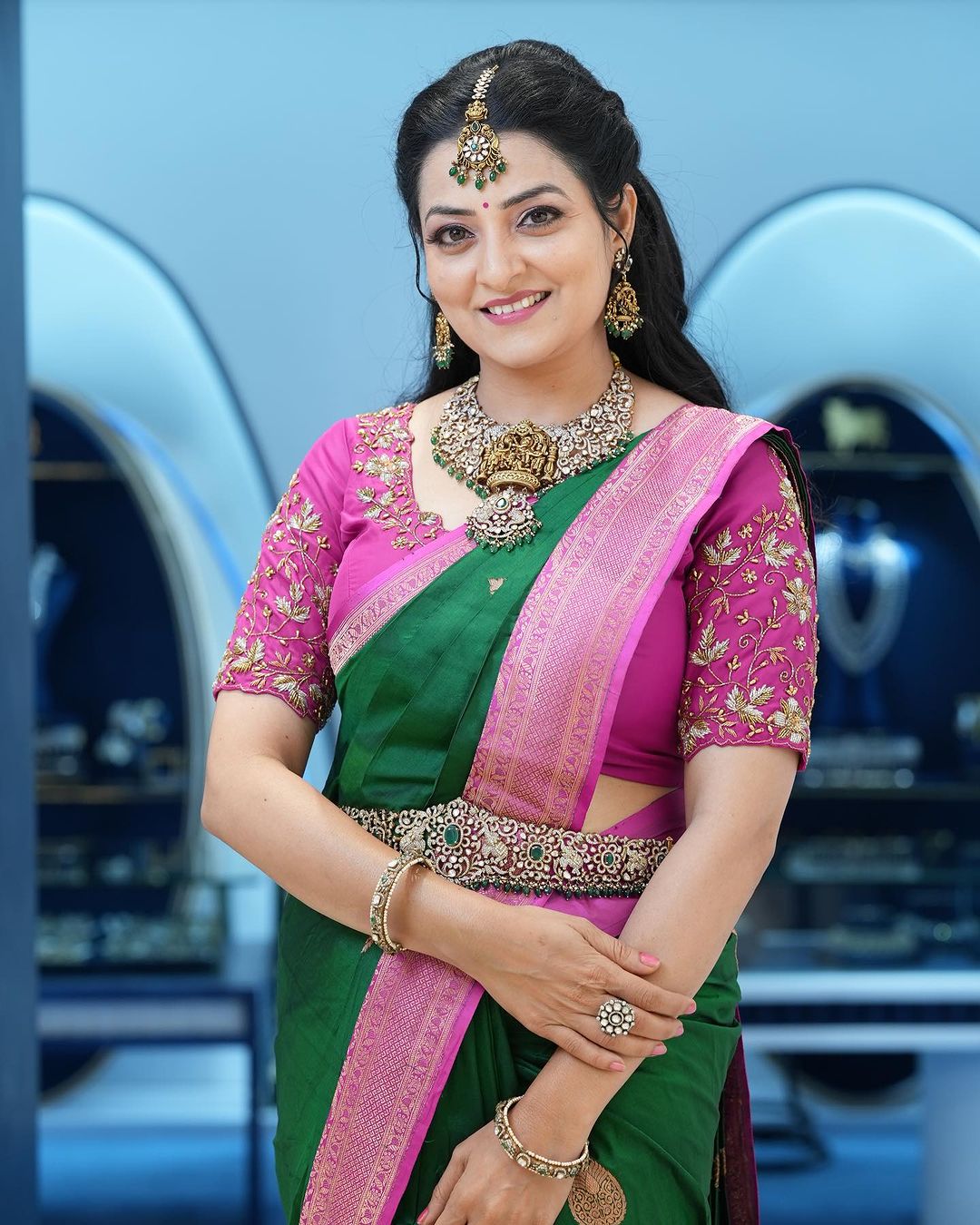 Telugu Tv Actress Madhuri Kandavalli Stills in Green Saree